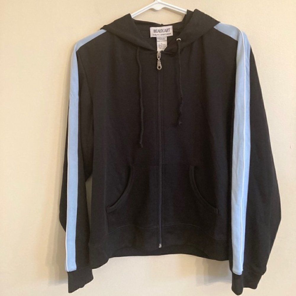 Beaux Art NWT Athletic Hoodie Black Blue Striped Sleeve Sportswear Jacket Large